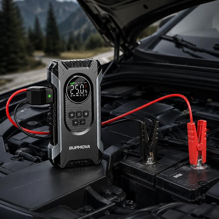 Jump-starting a car engine on a forest road