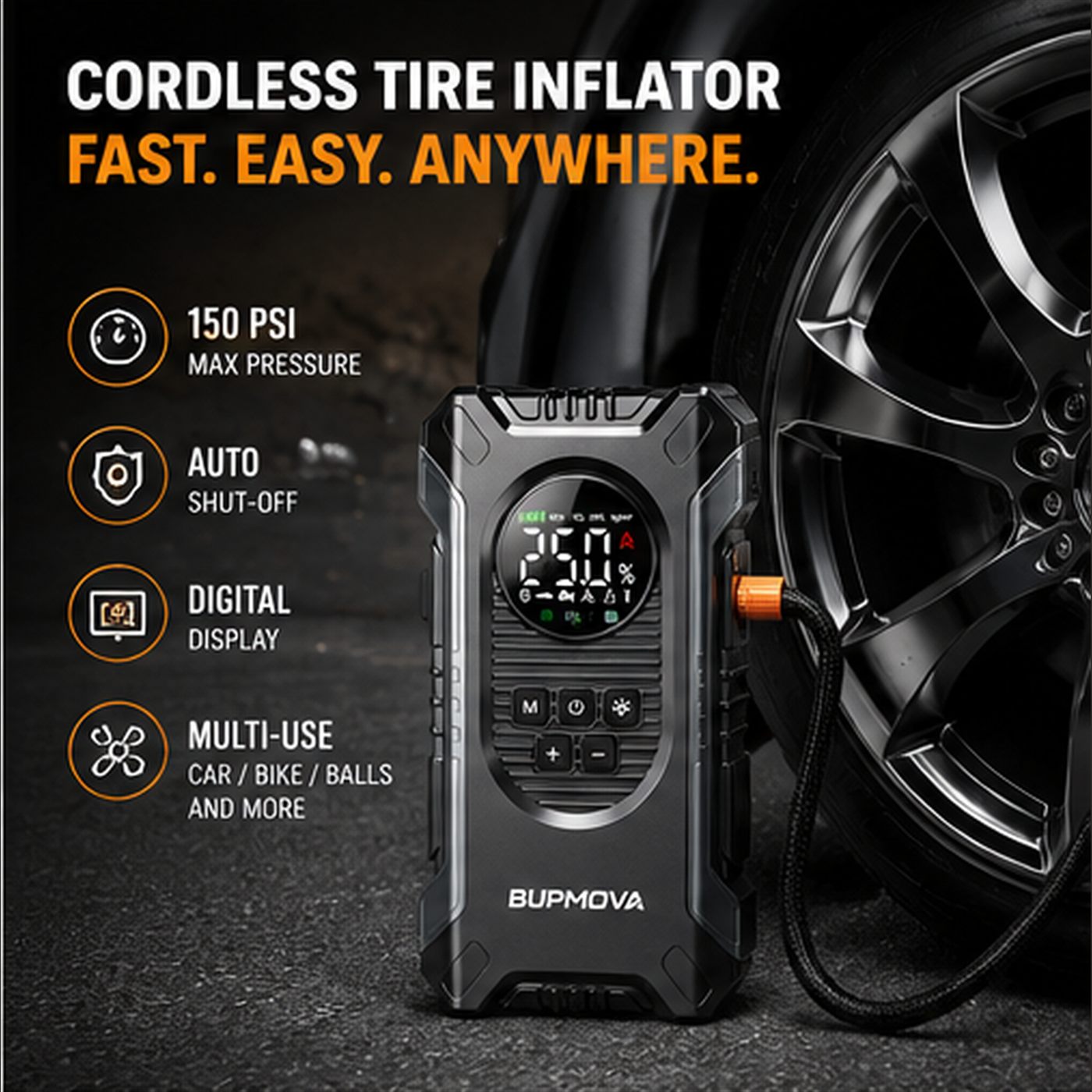Cordless tire inflator specs: 150 PSI, auto shut-off, digital display, multi-use