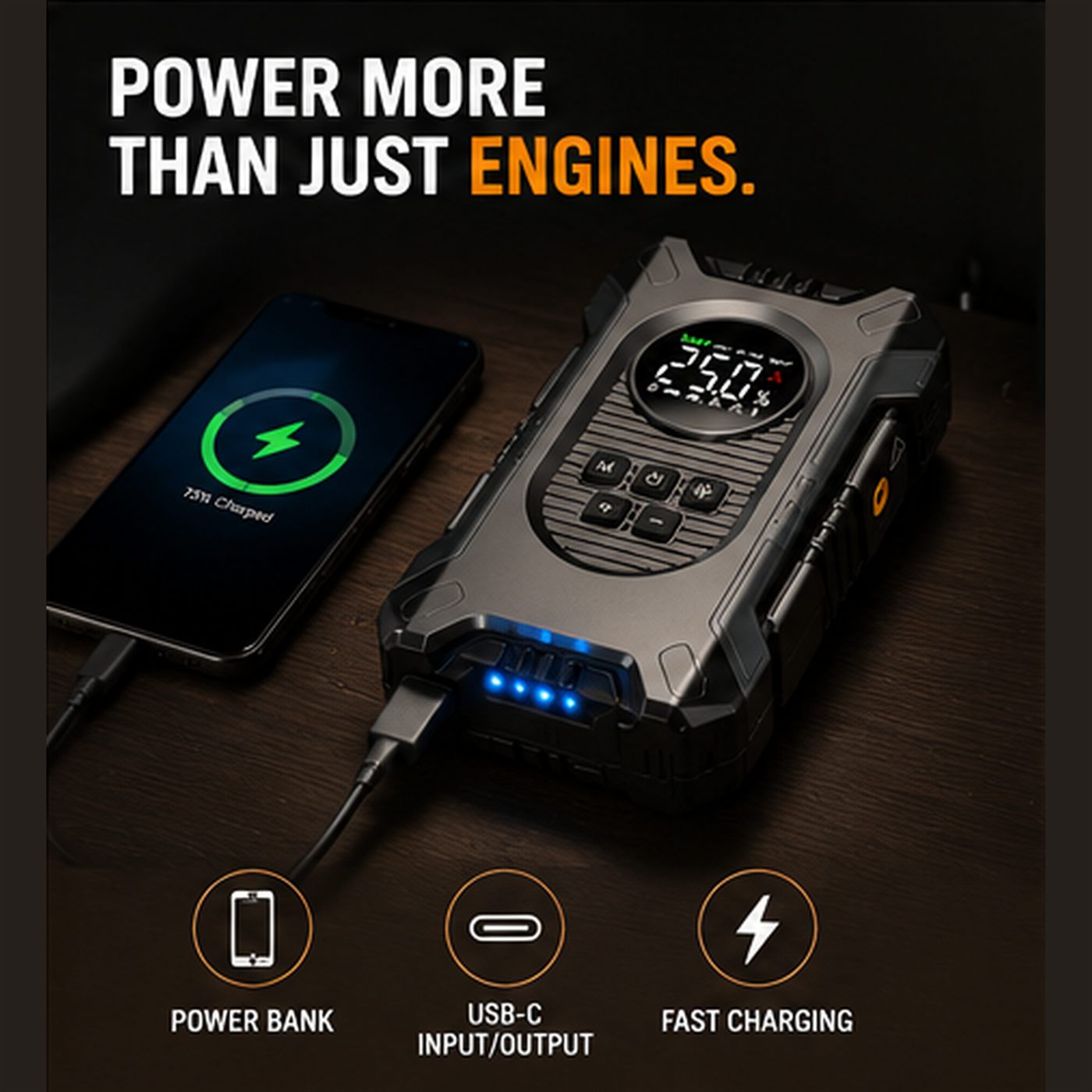 Power bank function charging a phone via USB-C