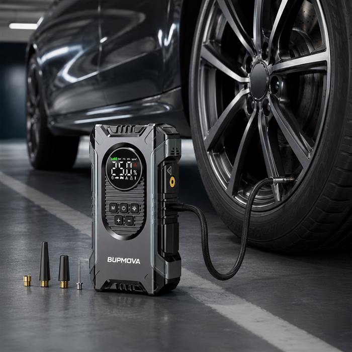 Inflating a car tyre in a garage