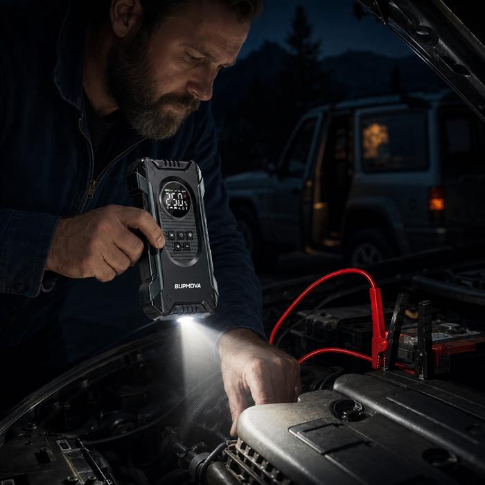 Using the built-in flashlight to check an engine at night