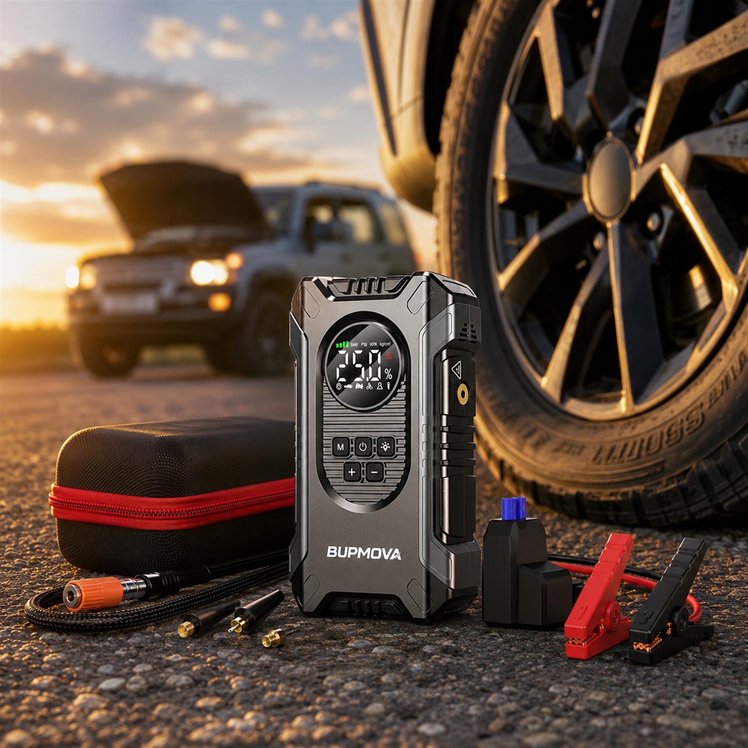 VoltGuard 2-in-1 jump starter and tire inflator beside a car with the hood up on a rural road at golden hour
